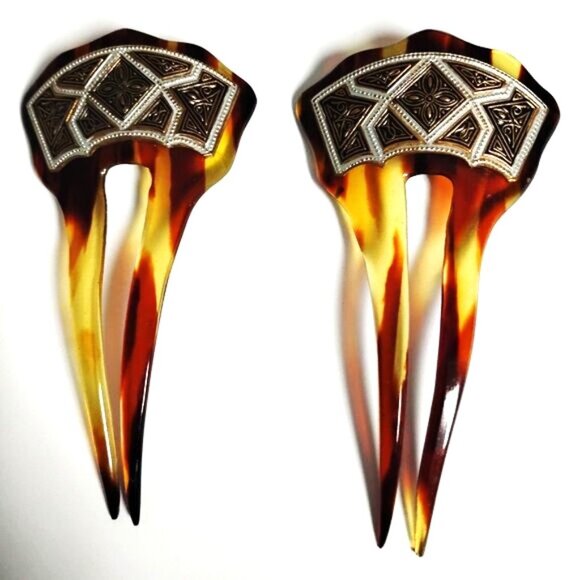 ❤️Rare Vintage 2 Piece Retro Celluloid Tortoise Hair Pins/Combs Hair Accessories
